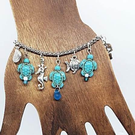 Silver Bracelet With Turquoise Turtle -Blue Beads - Nautical Charms - Beach Boho - Nautical Style - South Florida Boho Boutique