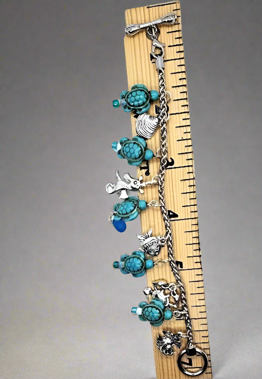 Silver Bracelet With Turquoise Turtle -Blue Beads - Nautical Charms - Beach Boho - Nautical Style - South Florida Boho Boutique