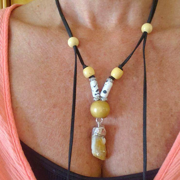 Boho Adjustable Long Black/White Marbled Faux Necklace With Raw Citrine Nugget - Lariat - Boho Style - South Florida Boho Boutique