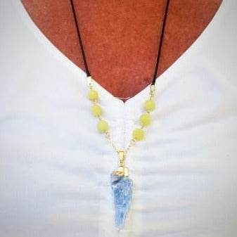 Raw Blue Kyanite Pendant With Yellow Peridot Beads - South Florida Boho Boutique
