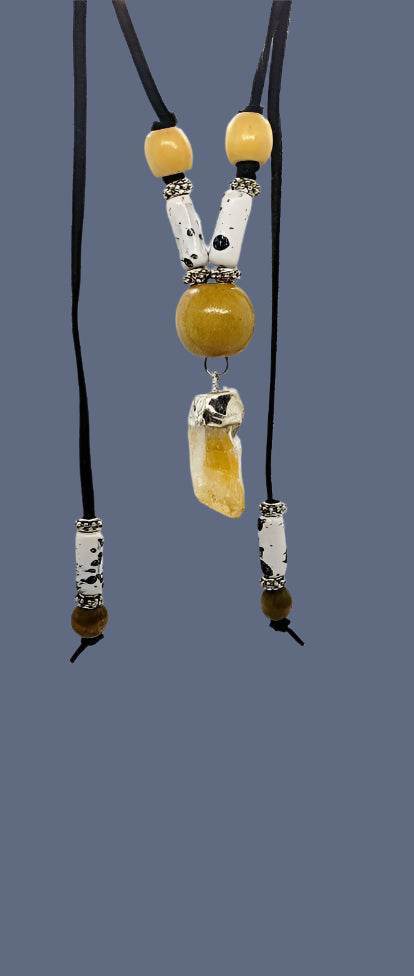 Boho Adjustable Long Black/White Marbled Faux Necklace With Raw Citrine Nugget - Lariat - Boho Style - South Florida Boho Boutique