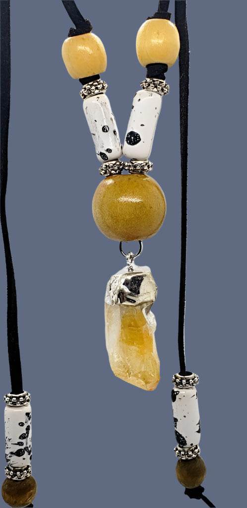 Boho Adjustable Long Black/White Marbled Faux Necklace With Raw Citrine Nugget - Lariat - Boho Style - South Florida Boho Boutique