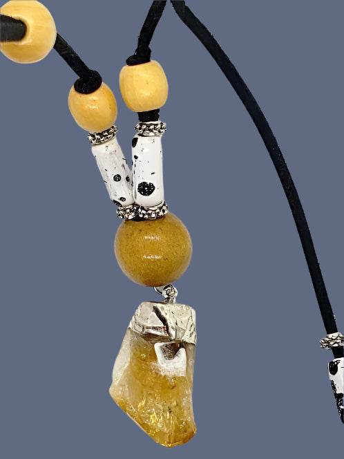 Boho Adjustable Long Black/White Marbled Faux Necklace With Raw Citrine Nugget - Lariat - Boho Style - South Florida Boho Boutique