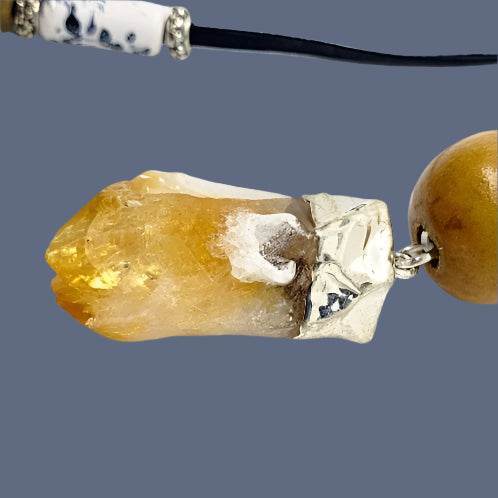 Boho Adjustable Long Black/White Marbled Faux Necklace With Raw Citrine Nugget - Lariat - Boho Style - South Florida Boho Boutique