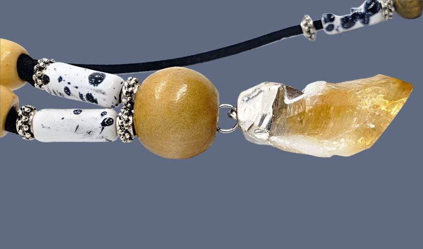 Boho Adjustable Long Black/White Marbled Faux Necklace With Raw Citrine Nugget - Lariat - Boho Style - South Florida Boho Boutique