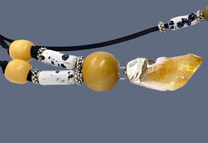 Boho Adjustable Long Black/White Marbled Faux Necklace With Raw Citrine Nugget - Lariat - Boho Style - South Florida Boho Boutique