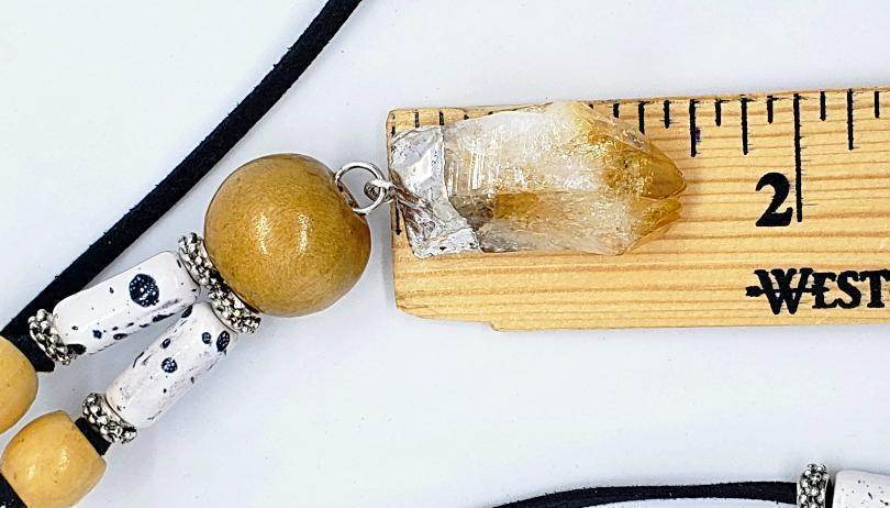 Boho Adjustable Long Black/White Marbled Faux Necklace With Raw Citrine Nugget - Lariat - Boho Style - South Florida Boho Boutique