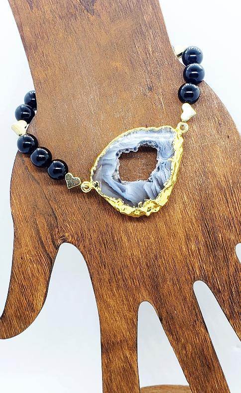 Agate Druzy Slice Bracelet With Black Onyx And Green Aventurine