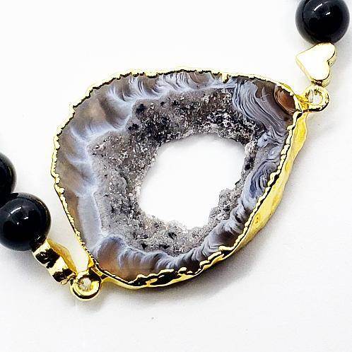 Agate Druzy Slice Bracelet With Black Onyx And Green Aventurine