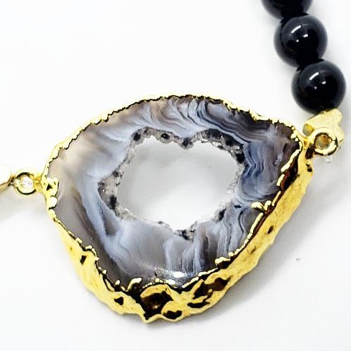 Agate Druzy Slice Bracelet With Black Onyx And Green Aventurine