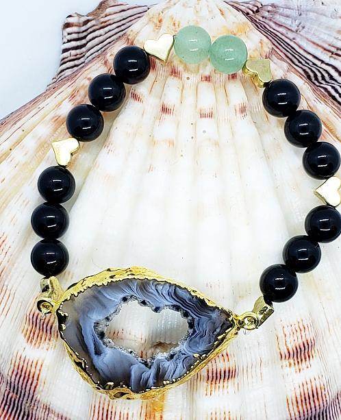 Agate Druzy Slice Bracelet With Black Onyx And Green Aventurine
