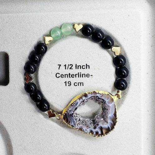 Agate Druzy Slice Bracelet With Black Onyx And Green Aventurine