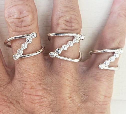 Sterling Silver Boho-Flower-Cross Bar Zig Zag Ring