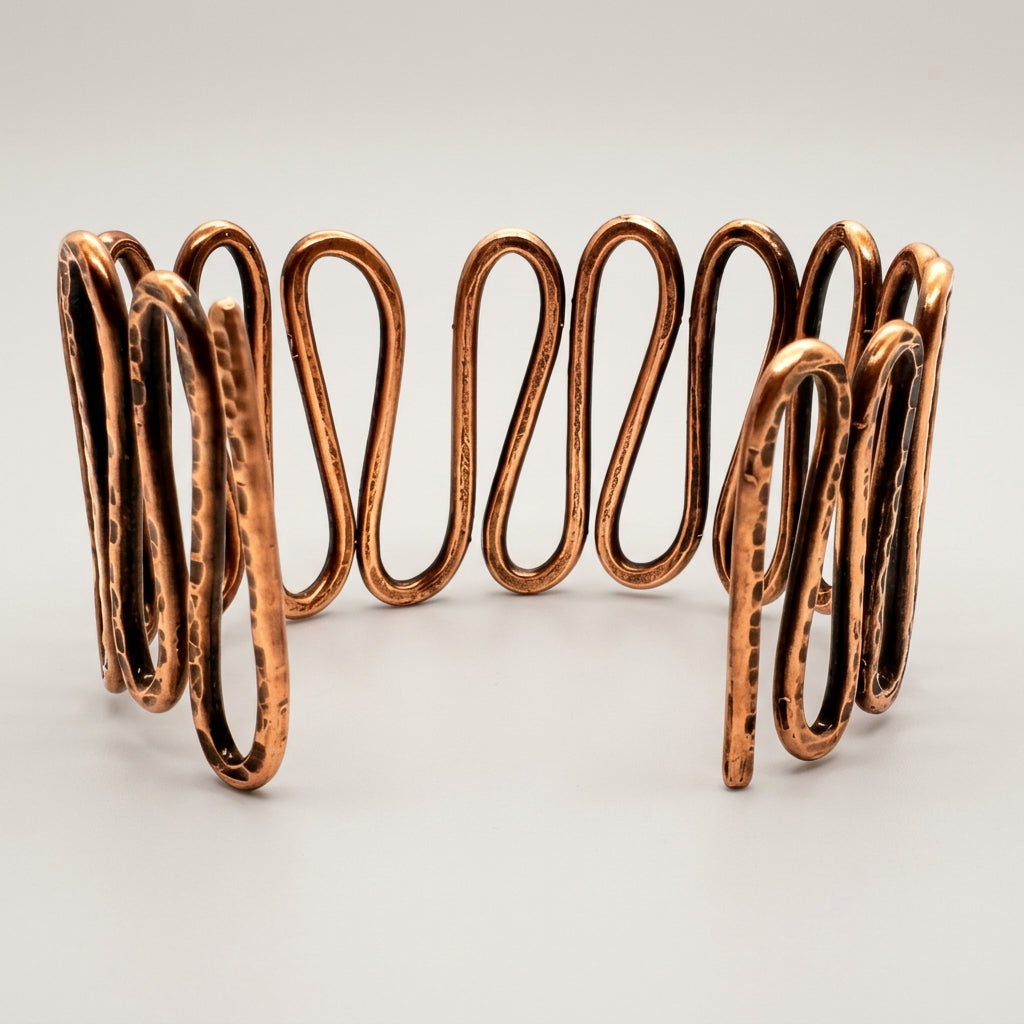 Copper Bracelet Cuff Tarnished - Wave Design