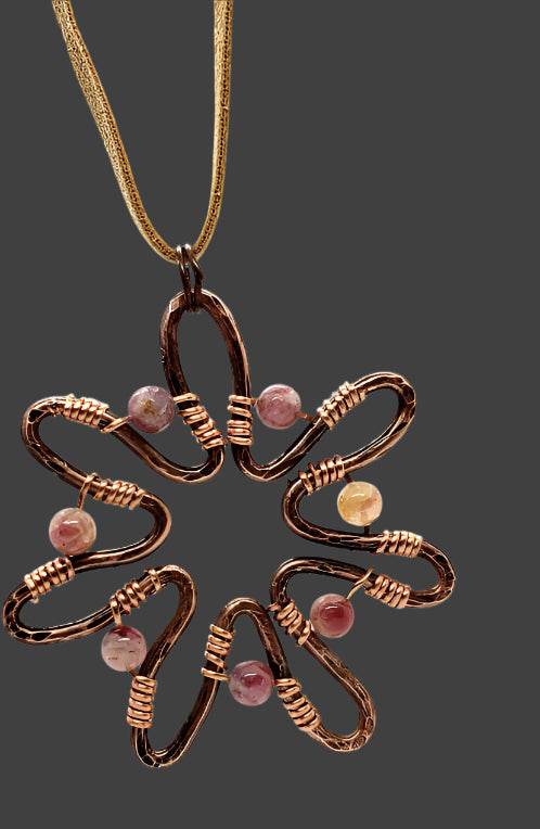 Sun-Flower Pendant Necklace With Pink Tourmaline - Copper - South Florida Boho Boutique