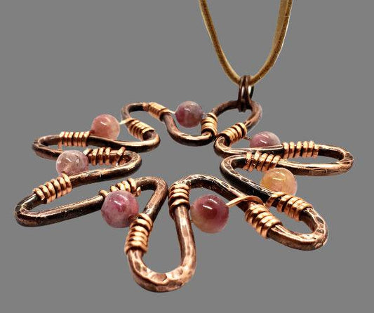 Sun-Flower Pendant Necklace With Pink Tourmaline - Copper - South Florida Boho Boutique