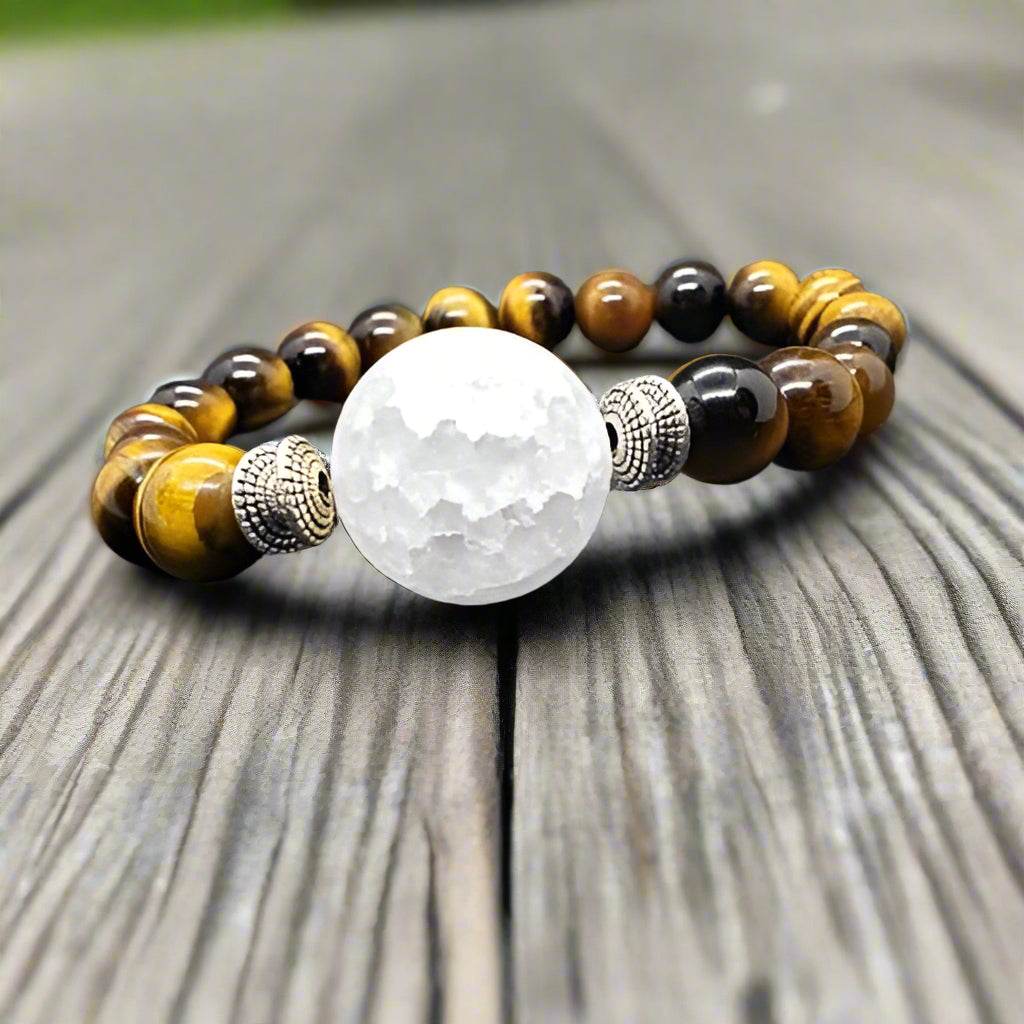 Tigers Eye Gemstone Bracelet With Frosted Crackled Quartz Center