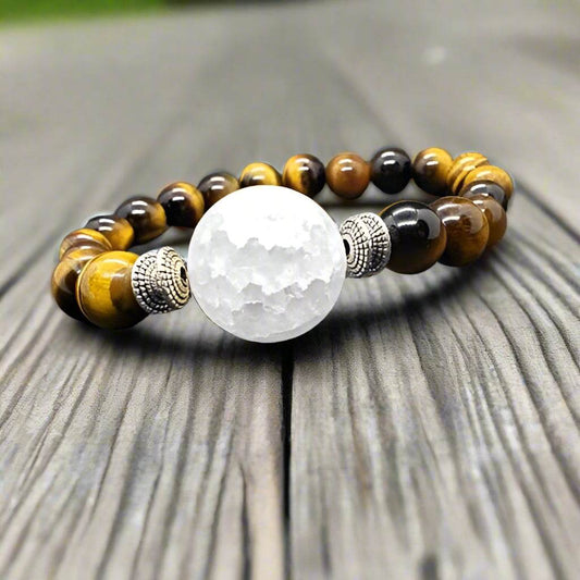 Tigers Eye Gemstone Bracelet With Frosted Crackled Quartz Center