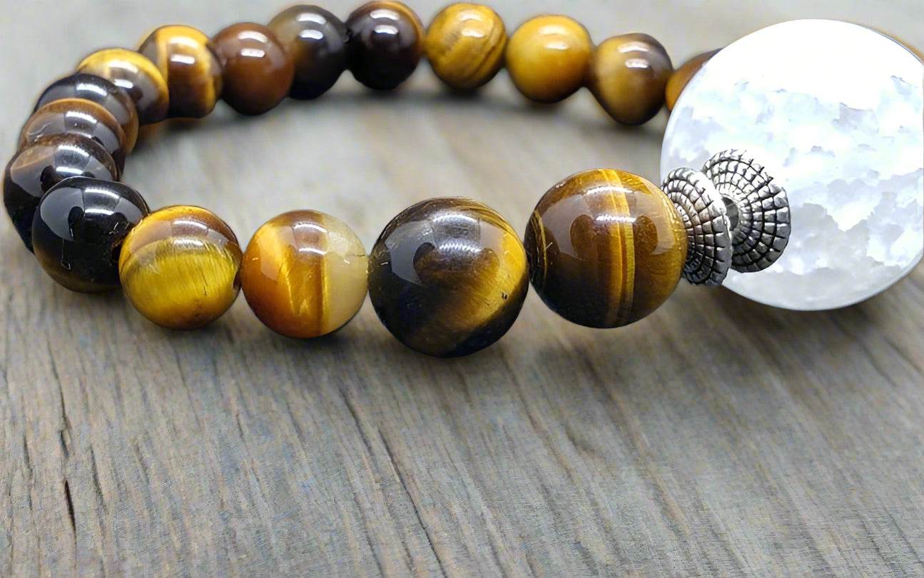 Tigers Eye Gemstone Bracelet With Frosted Crackled Quartz Center