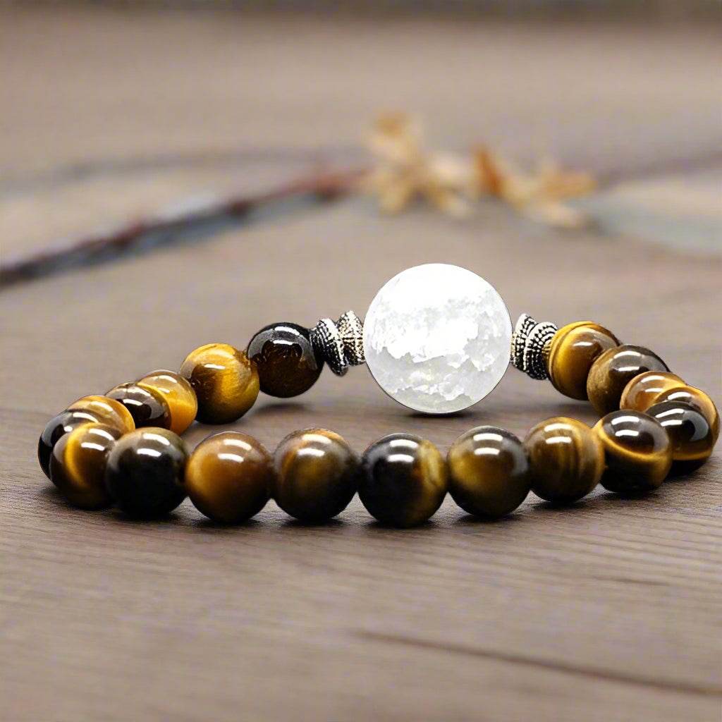 Tigers Eye Gemstone Bracelet With Frosted Crackled Quartz Center