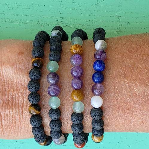 Lava Stone Diffuser Bracelet With Mixed Natural Gemstones, Amethyst, Lapis Lazuli, Aventurine, White marbled Howlite