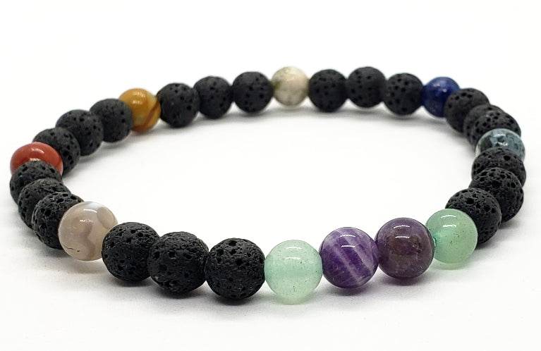 Lava Stone Diffuser Bracelet With Mixed Natural Gemstones, Amethyst, Lapis Lazuli, Aventurine, White marbled Howlite