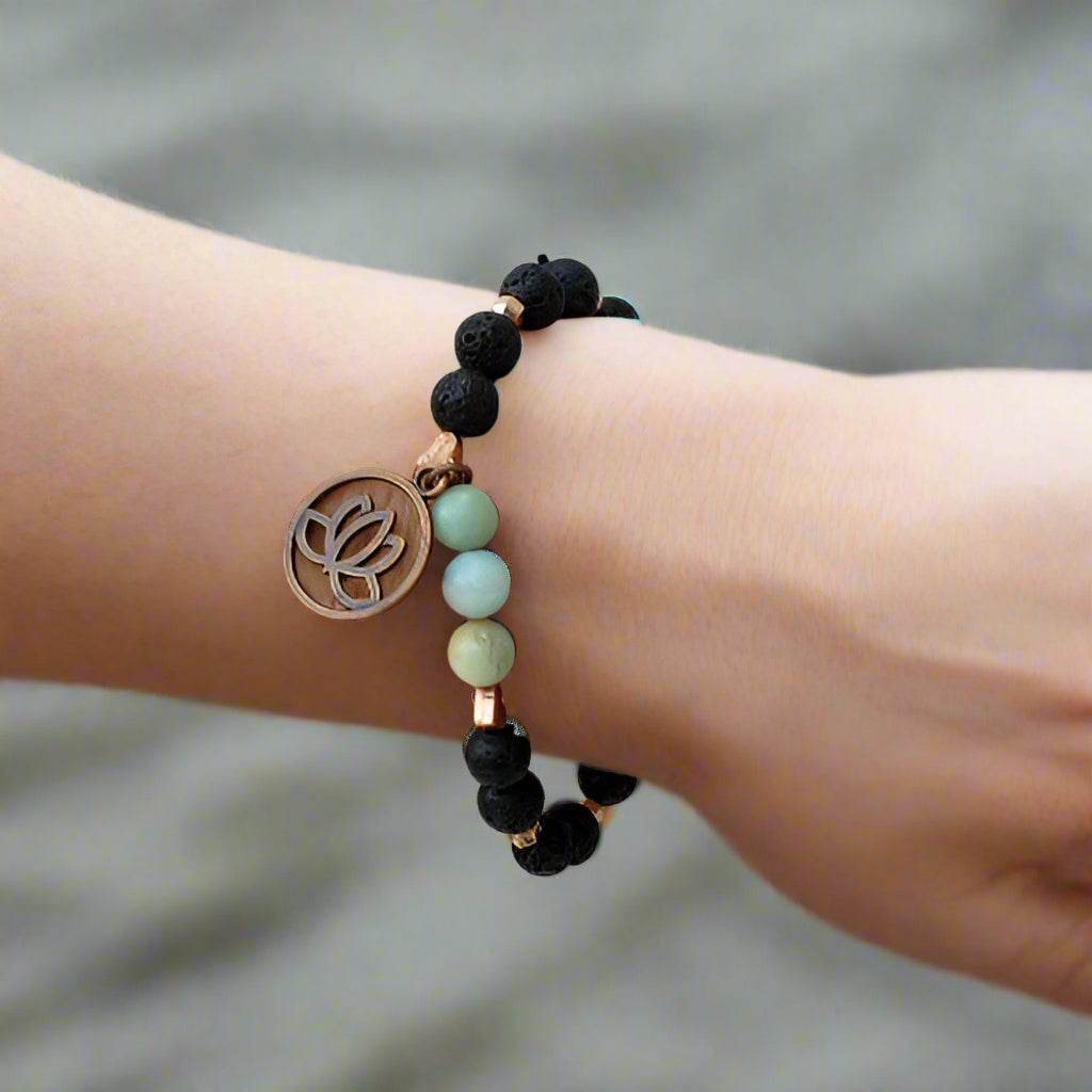 Lava Stone-Amazonite Diffuser BraceletCopper-Lotus Charm-Yoga Beads