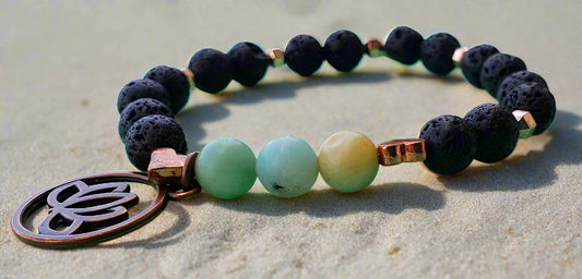 Lava Stone-Amazonite Diffuser BraceletCopper-Lotus Charm-Yoga Beads