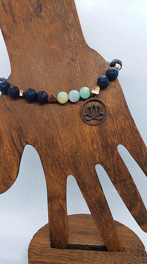 Lava Stone-Amazonite Diffuser BraceletCopper-Lotus Charm-Yoga Beads