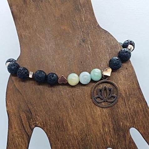 Lava Stone-Amazonite Diffuser BraceletCopper-Lotus Charm-Yoga Beads