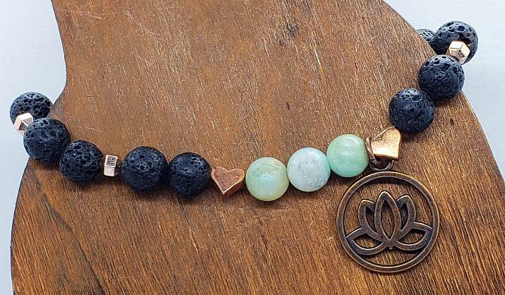 Lava Stone-Amazonite Diffuser BraceletCopper-Lotus Charm-Yoga Beads