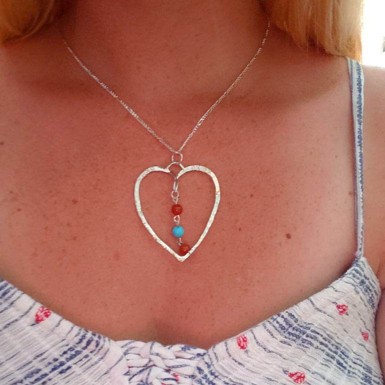 Sterling Silver Hammered Heart Pendants With Gemstones - Interchangeable Chain - South Florida Boho Boutique