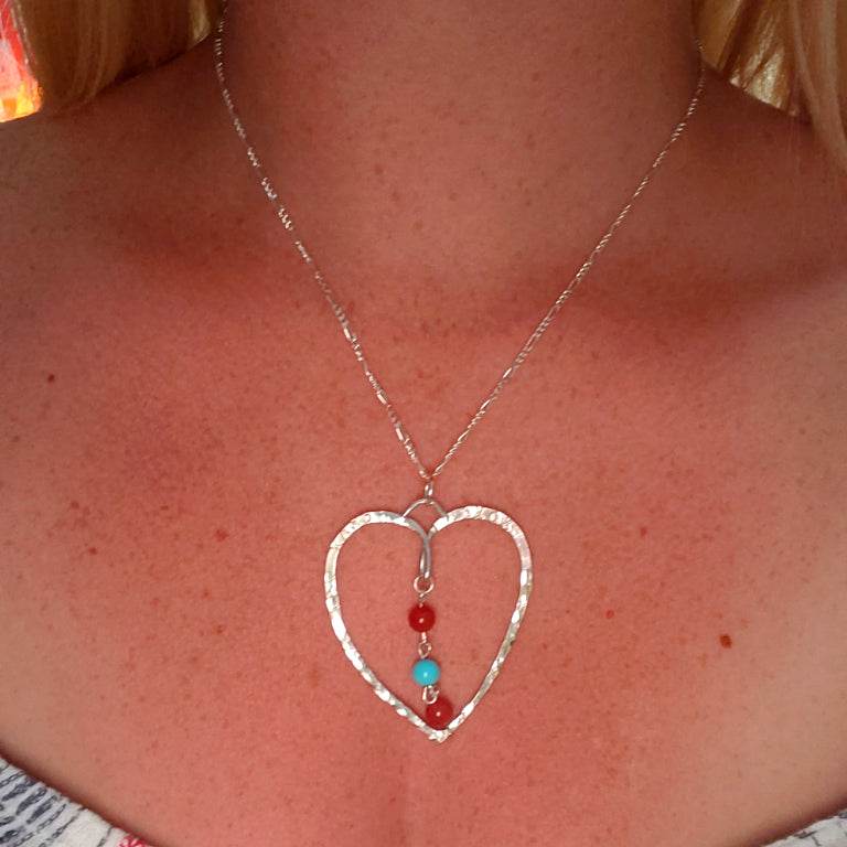 Sterling Silver Hammered Heart Pendants With Gemstones - Interchangeable Chain - South Florida Boho Boutique