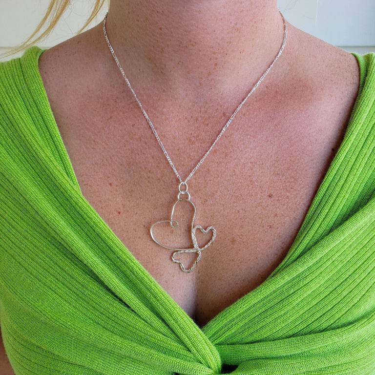 Sterling Silver Heart Pendant With Two Twisted Smaller Hearts - Interchangeable Chain - South Florida Boho Boutique