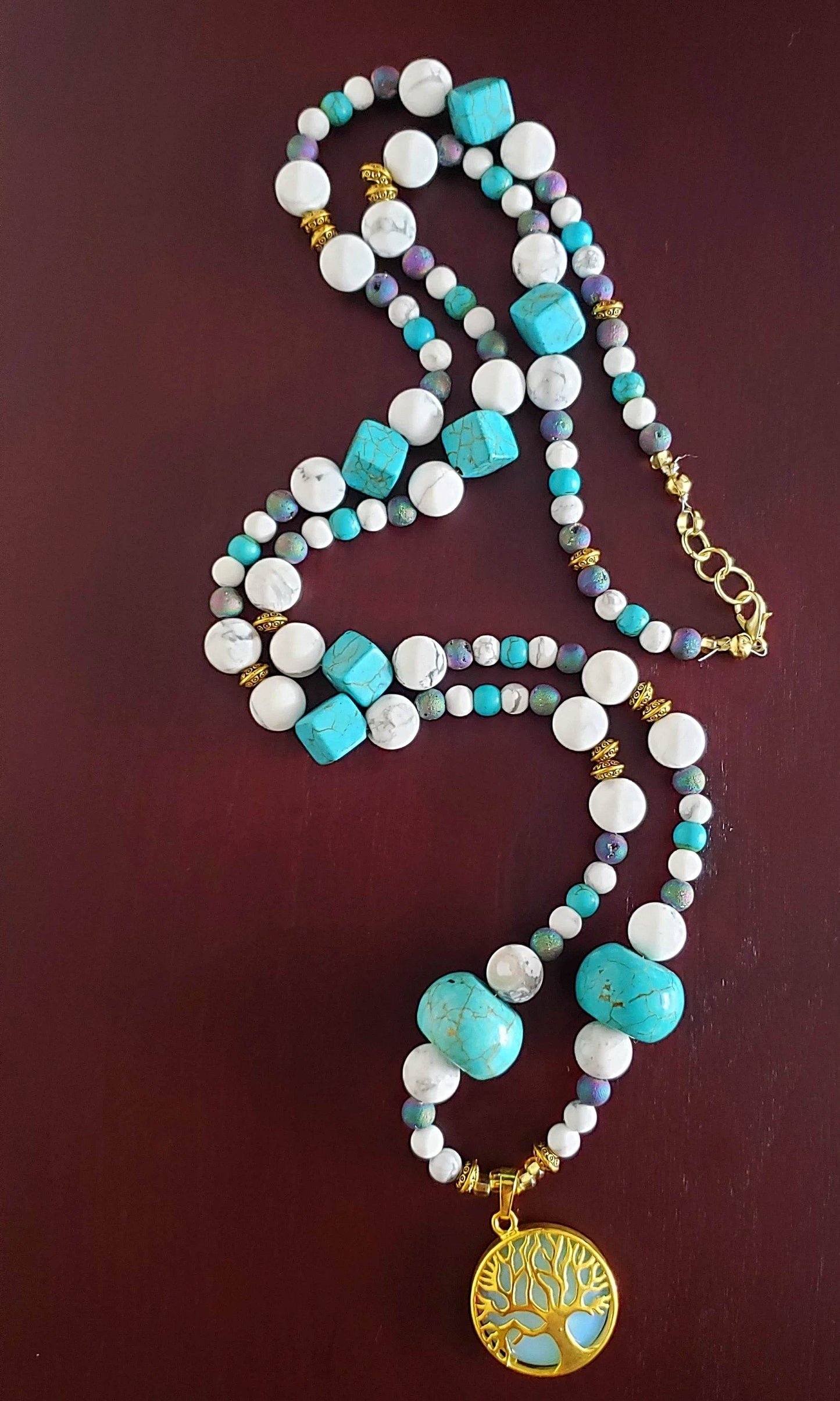 Tree Of Life With Natural White Iridescent Opalite Pendant, White And Turquoise Howlite, Druzy Agate Bead Necklace