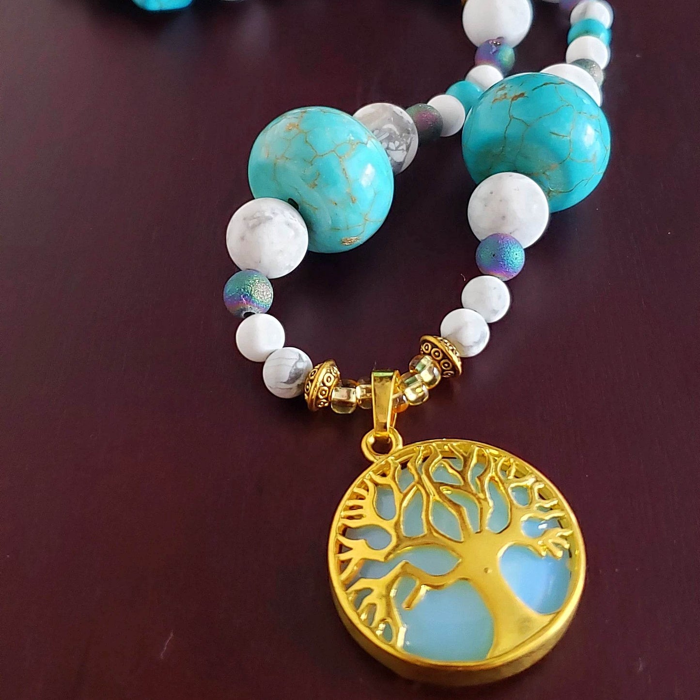 Tree Of Life With Natural White Iridescent Opalite Pendant, White And Turquoise Howlite, Druzy Agate Bead Necklace