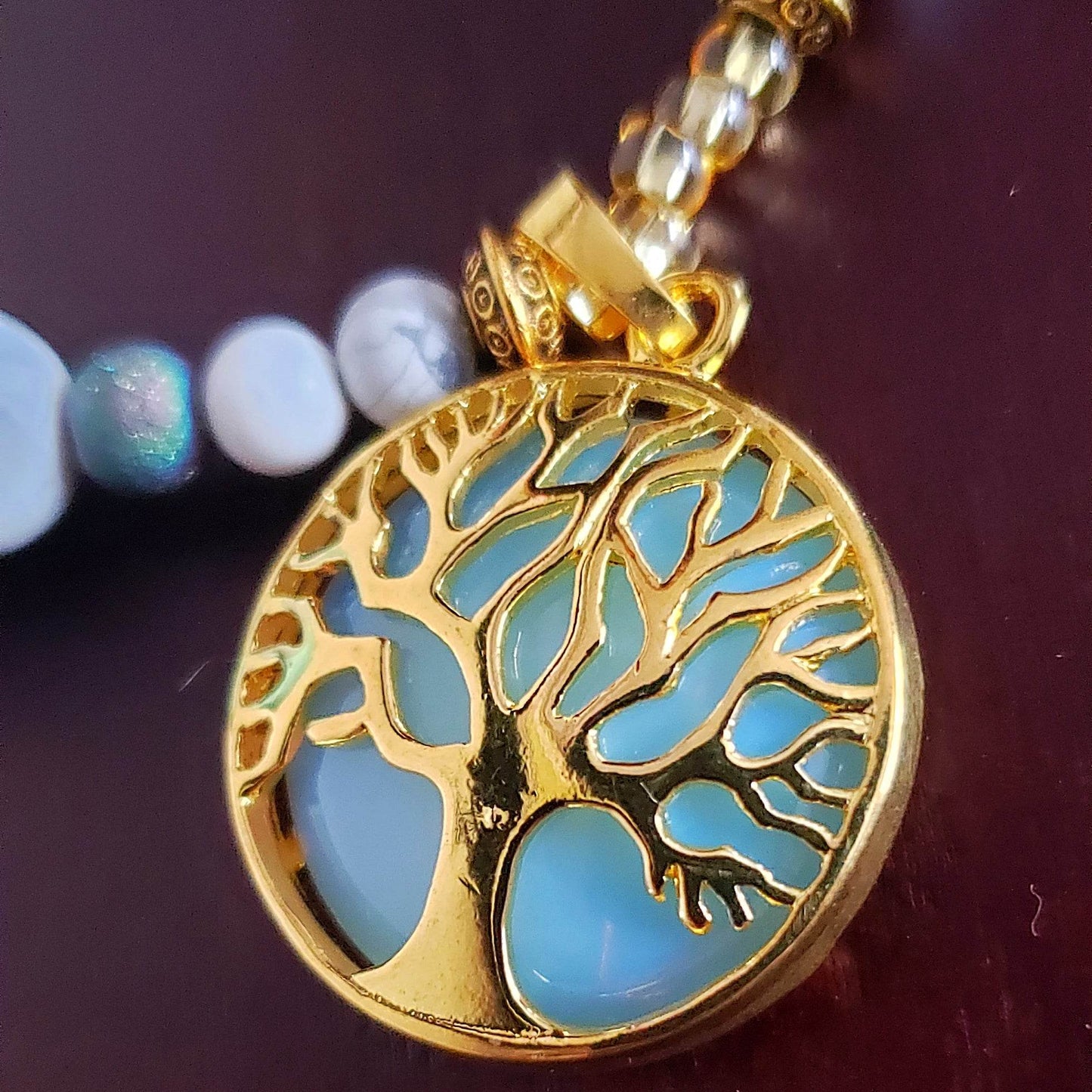 Tree Of Life With Natural White Iridescent Opalite Pendant, White And Turquoise Howlite, Druzy Agate Bead Necklace