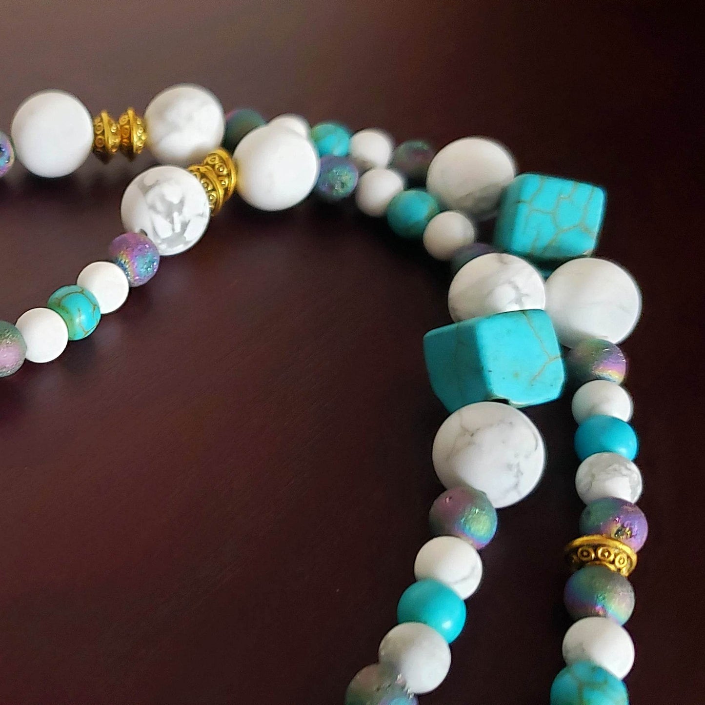 Tree Of Life With Natural White Iridescent Opalite Pendant, White And Turquoise Howlite, Druzy Agate Bead Necklace