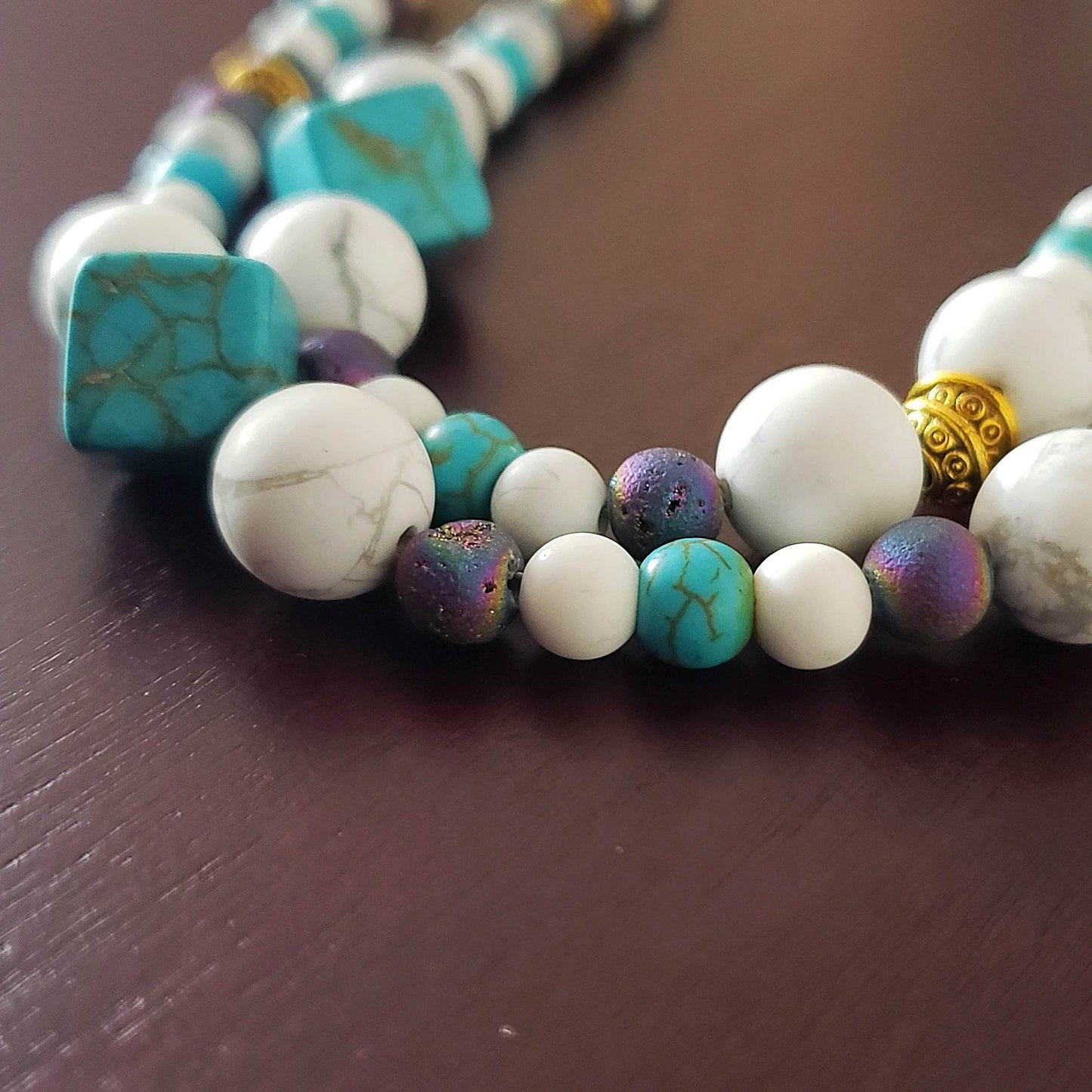 Tree Of Life With Natural White Iridescent Opalite Pendant, White And Turquoise Howlite, Druzy Agate Bead Necklace