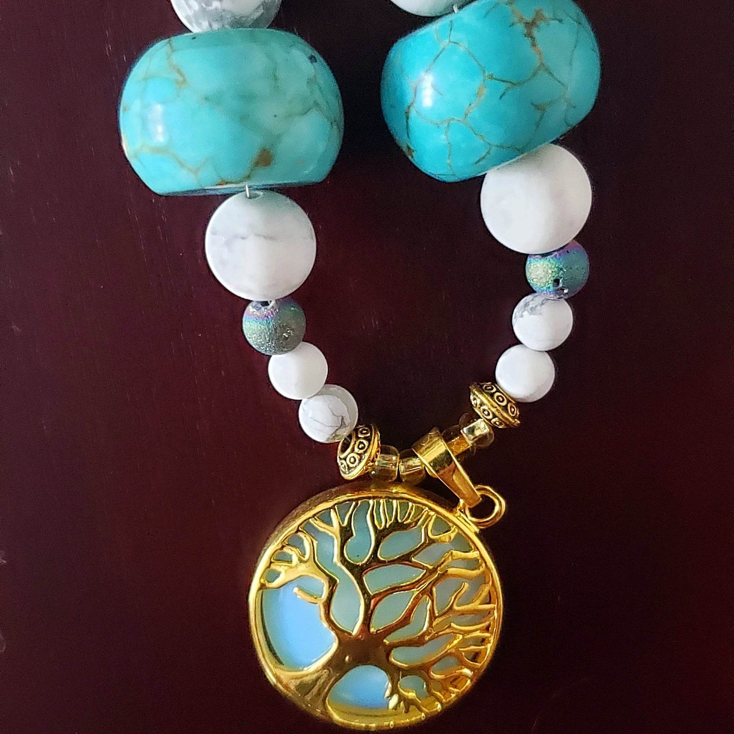 Tree Of Life With Natural White Iridescent Opalite Pendant, White And Turquoise Howlite, Druzy Agate Bead Necklace