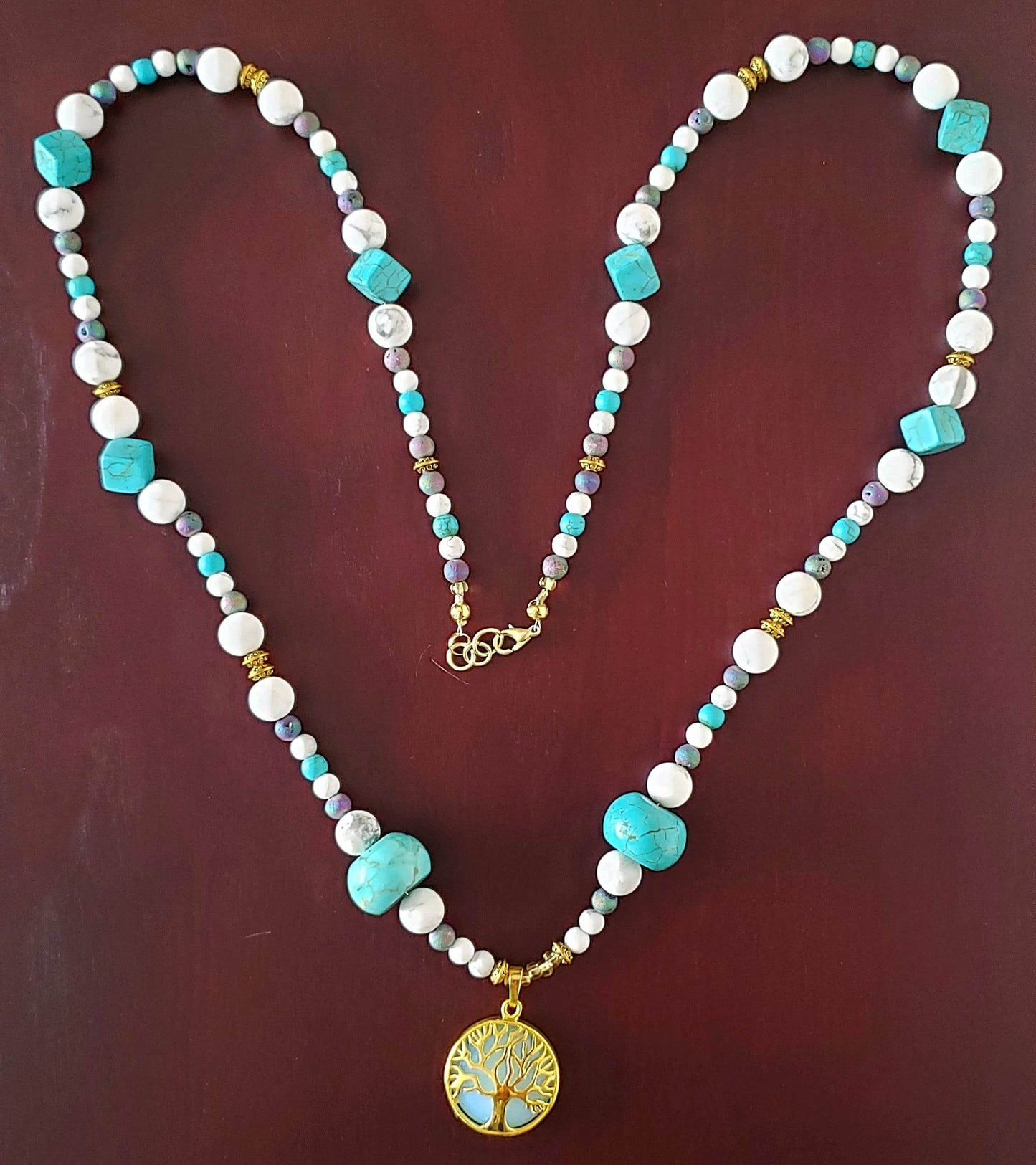Tree Of Life With Natural White Iridescent Opalite Pendant, White And Turquoise Howlite, Druzy Agate Bead Necklace