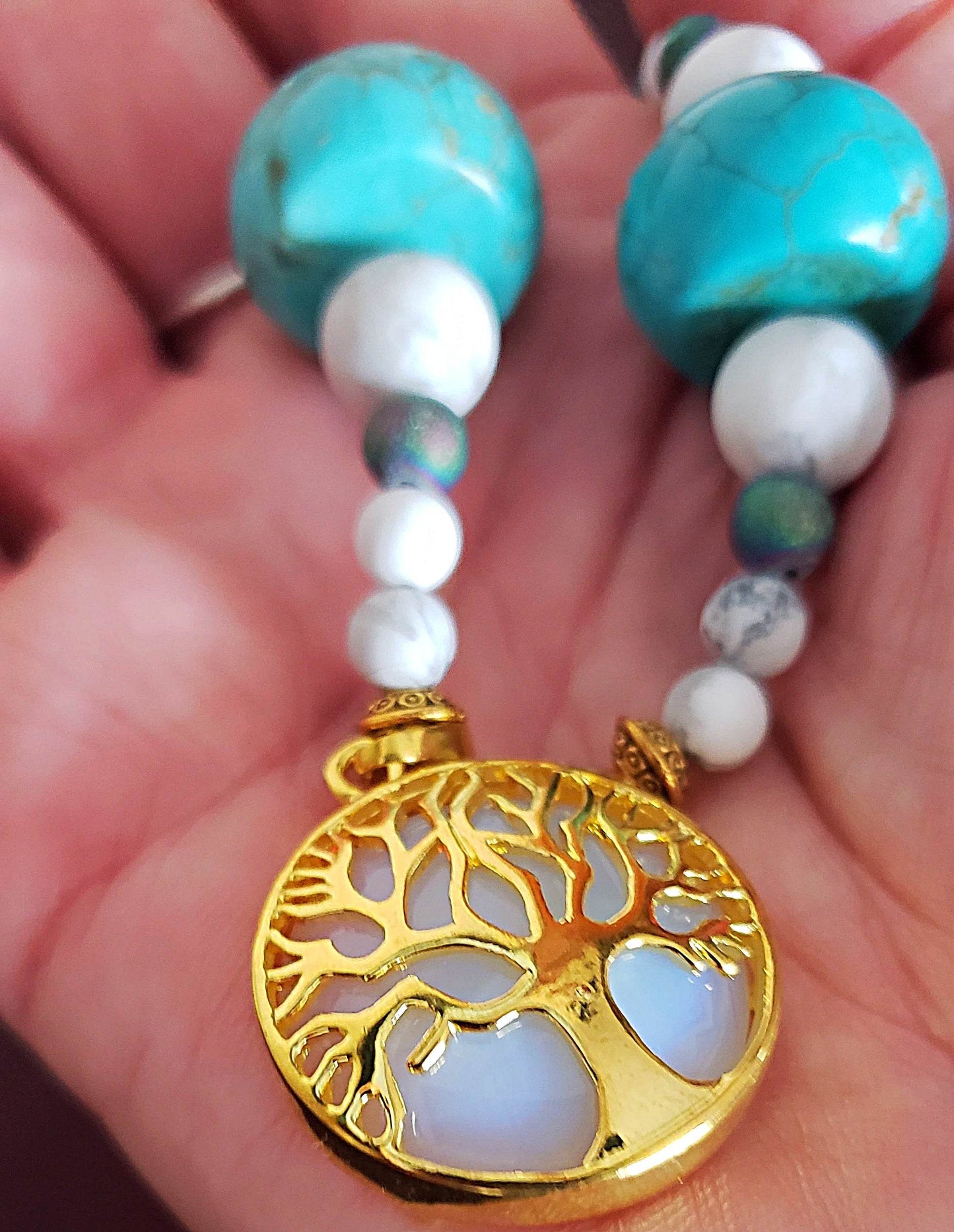 Tree Of Life With Natural White Iridescent Opalite Pendant, White And Turquoise Howlite, Druzy Agate Bead Necklace