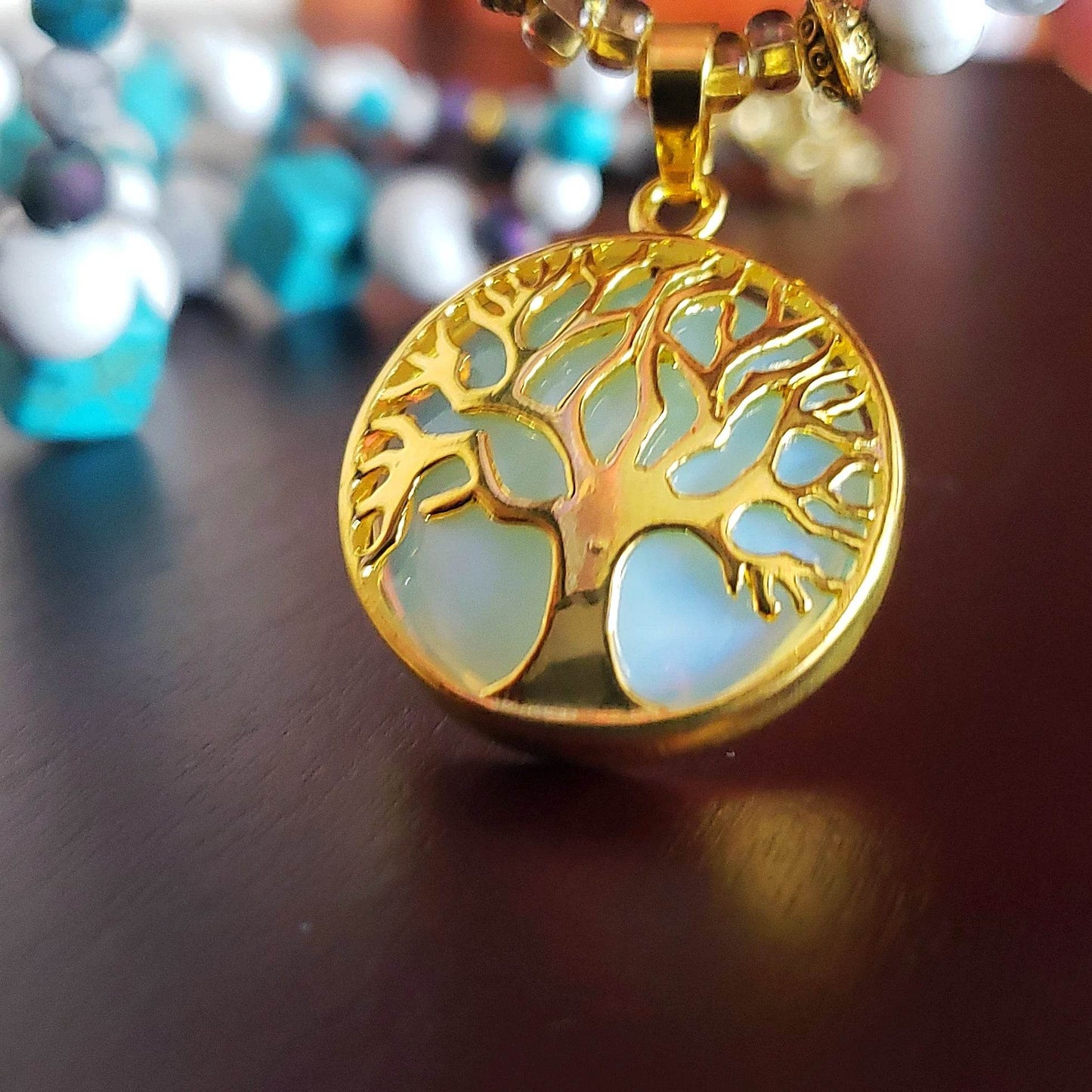 Tree Of Life With Natural White Iridescent Opalite Pendant, White And Turquoise Howlite, Druzy Agate Bead Necklace