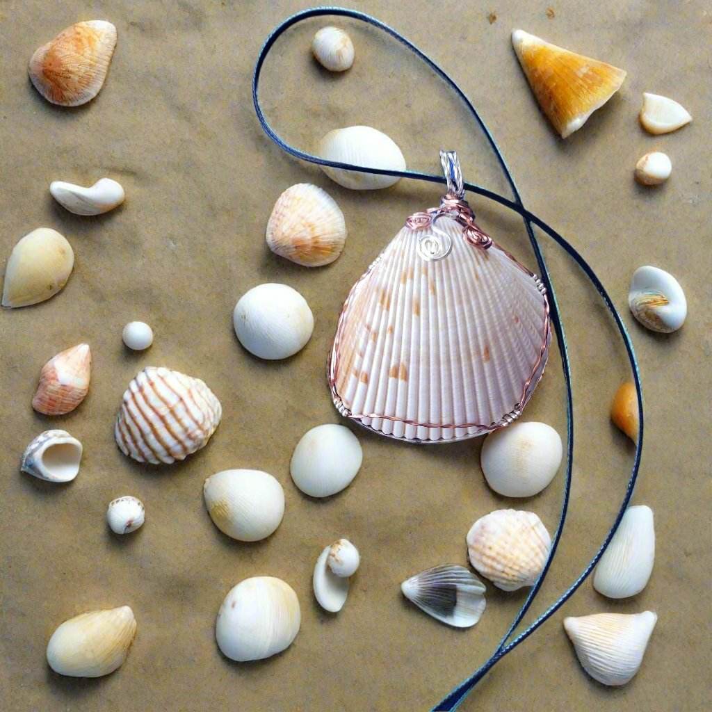 Cockle Seashell Pendant with Silver & Copper Wire Wrap and Flower Swirls on Faux Leather Necklac - SoFlo Boho Boutique