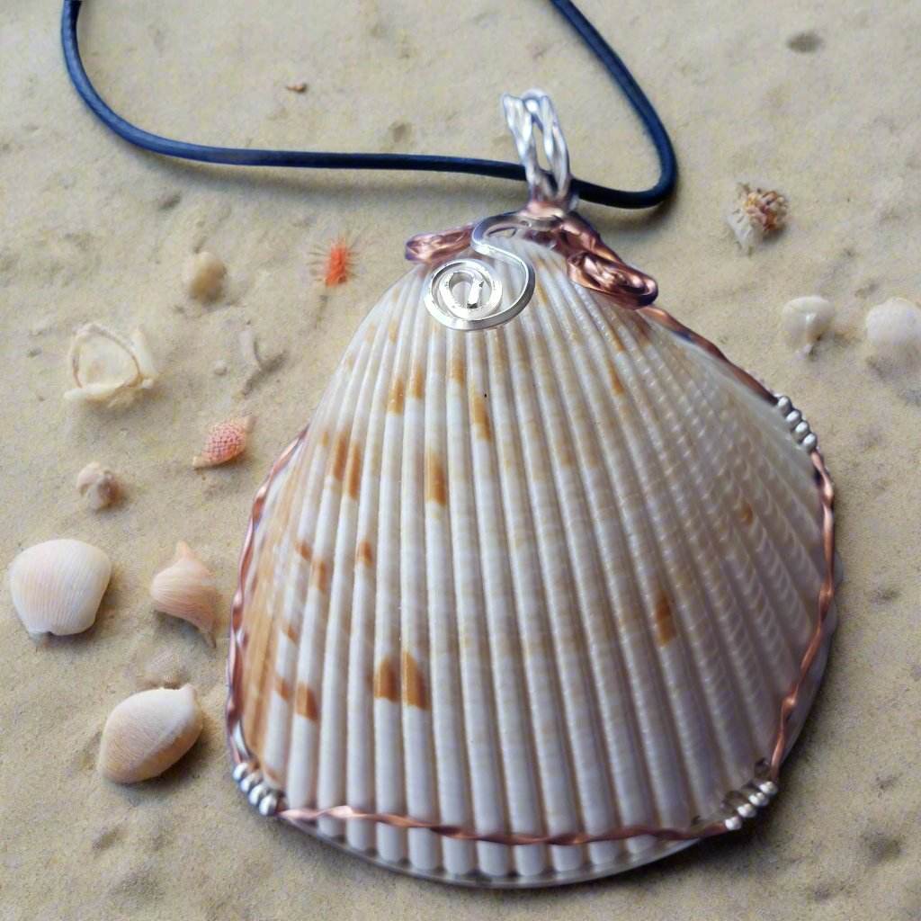 Cockle Seashell Pendant with Silver & Copper Wire Wrap and Flower Swirls on Faux Leather Necklac - SoFlo Boho Boutique