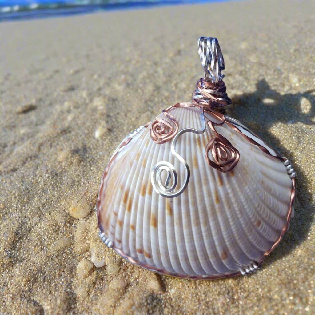 Cockle Seashell Pendant with Silver & Copper Wire Wrap and Flower Swirls on Faux Leather Necklac - SoFlo Boho Boutique