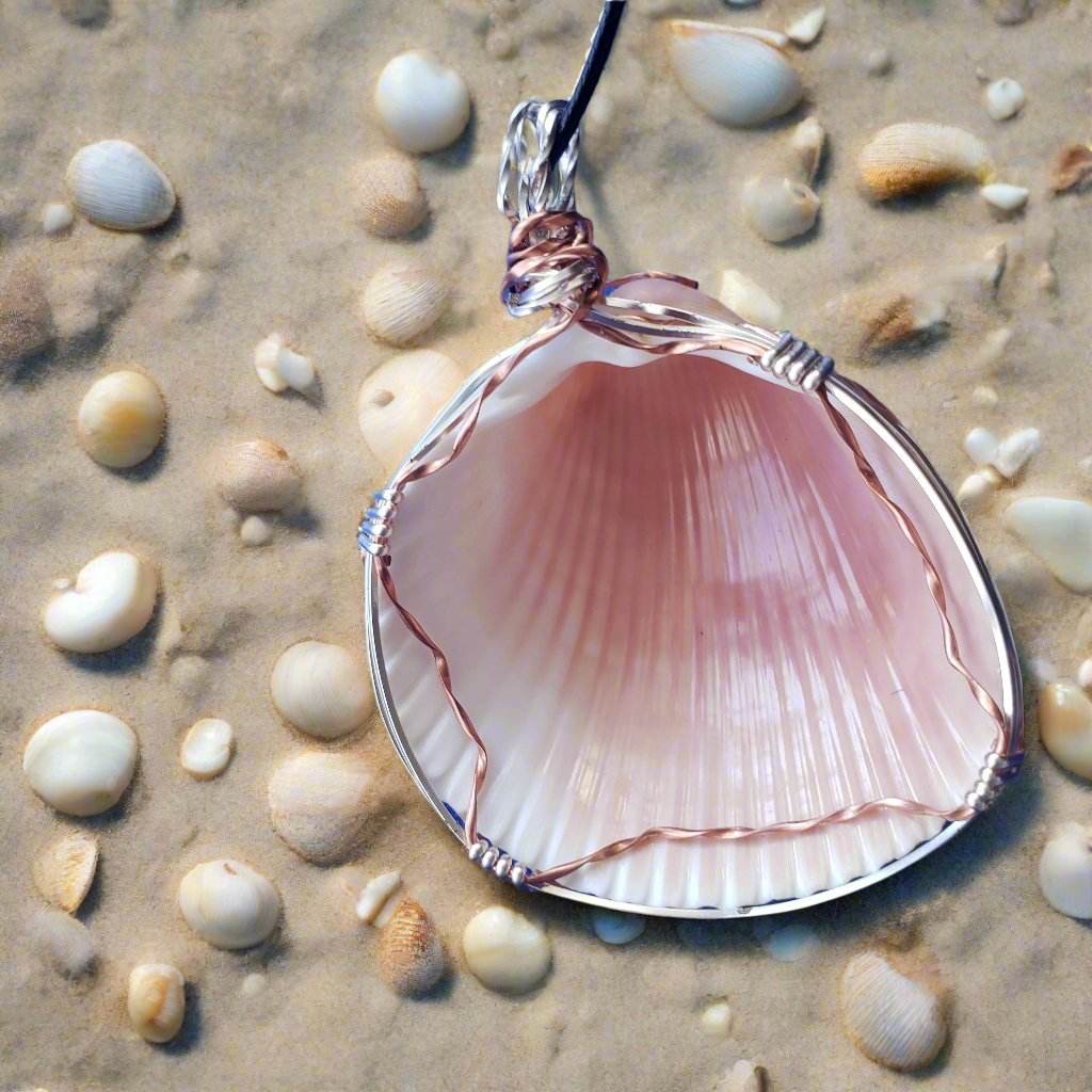 Cockle Seashell Pendant with Silver & Copper Wire Wrap and Flower Swirls on Faux Leather Necklac - SoFlo Boho Boutique