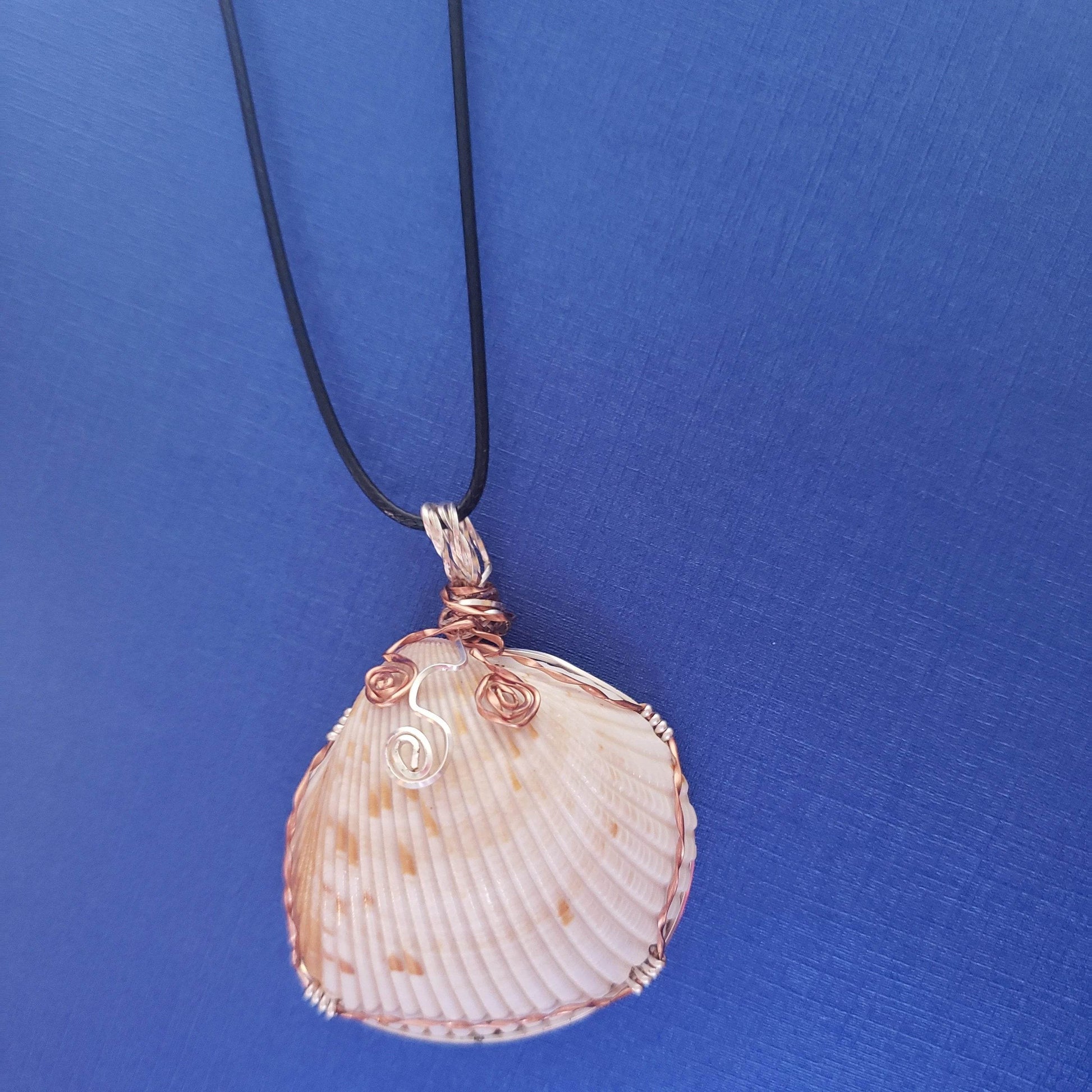 Cockle Seashell Pendant with Silver & Copper Wire Wrap and Flower Swirls on Faux Leather Necklac - SoFlo Boho Boutique