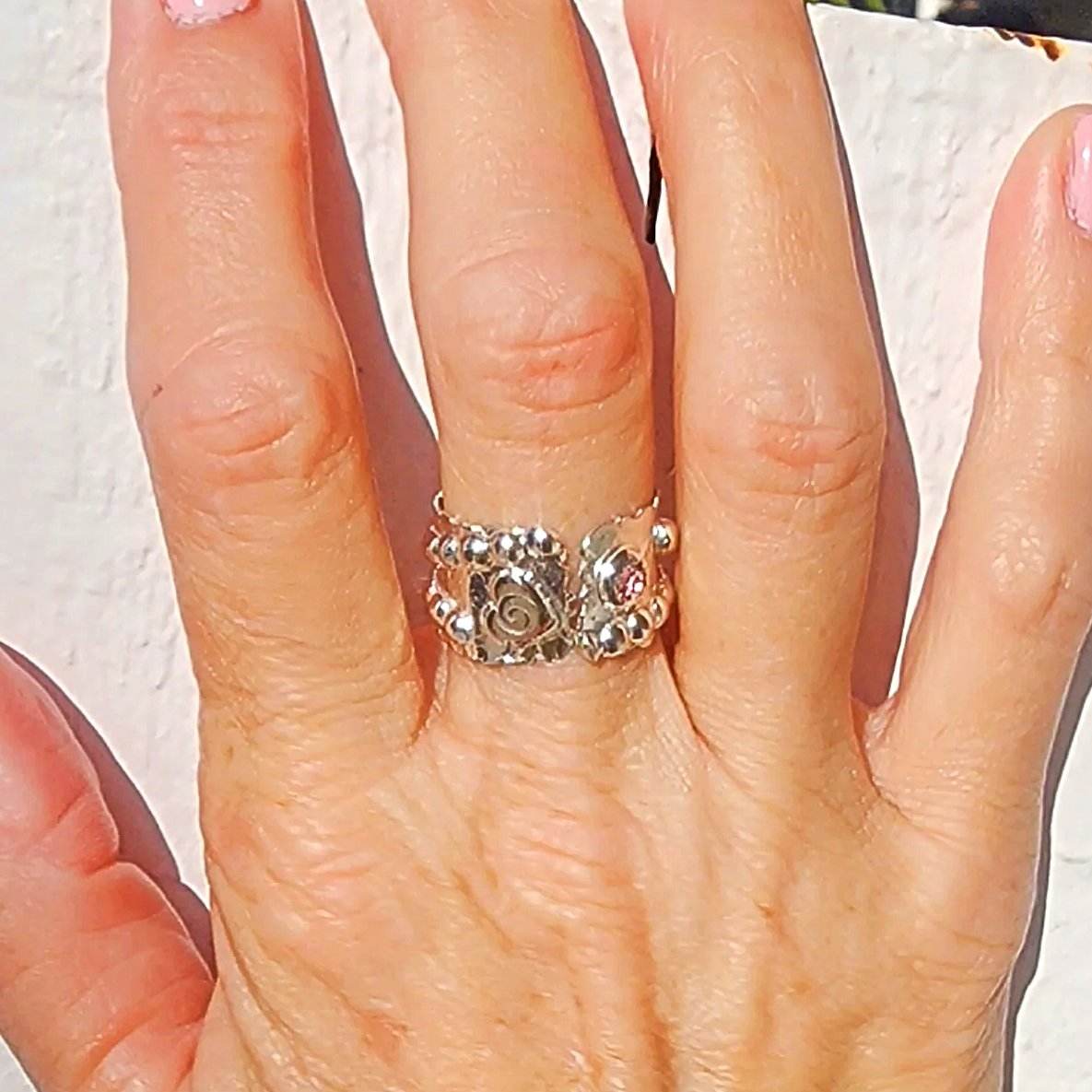 Bold Handcrafted .925 Sterling Silver Hammered Statement Ring – Copper Heart & Swarovski Rhinestone