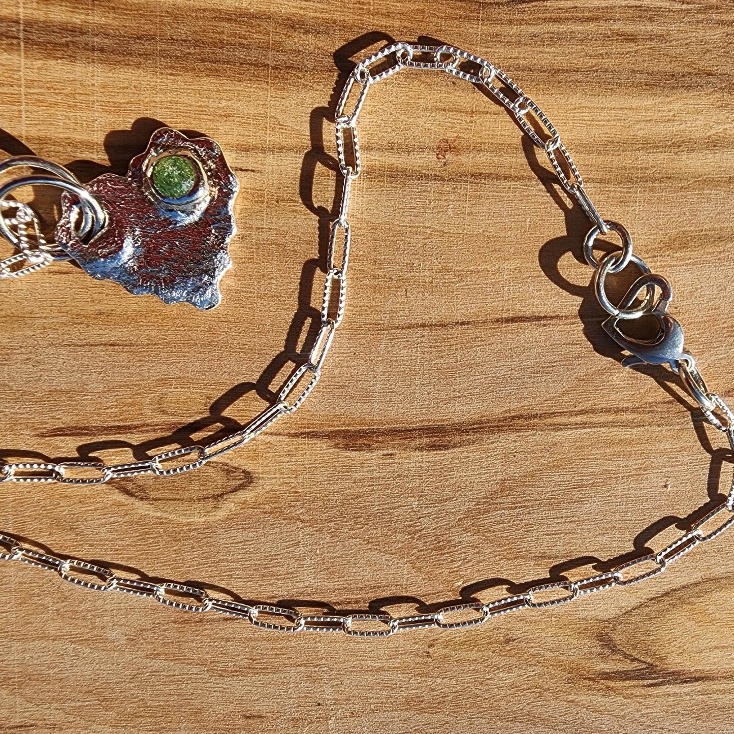 Handmade .999 Pure Silver Textured Heart Pendant Necklace with Green Rhinestone & Heart Clasp - SoFlo Boho Boutique